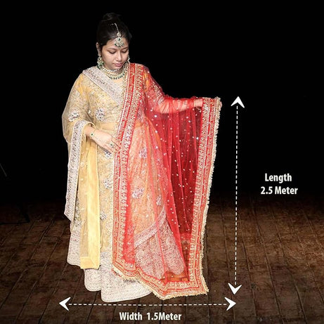 KAEVION 2.5 Meter Net Sada Saubhagyawati Bhav Bridal Wedding Dupatta With Sequins lace | Bridal Women's Net Dupatta | Traditional Dulhan Entry Chunni | Designer Contrast Dupatta for Lehenga Saree