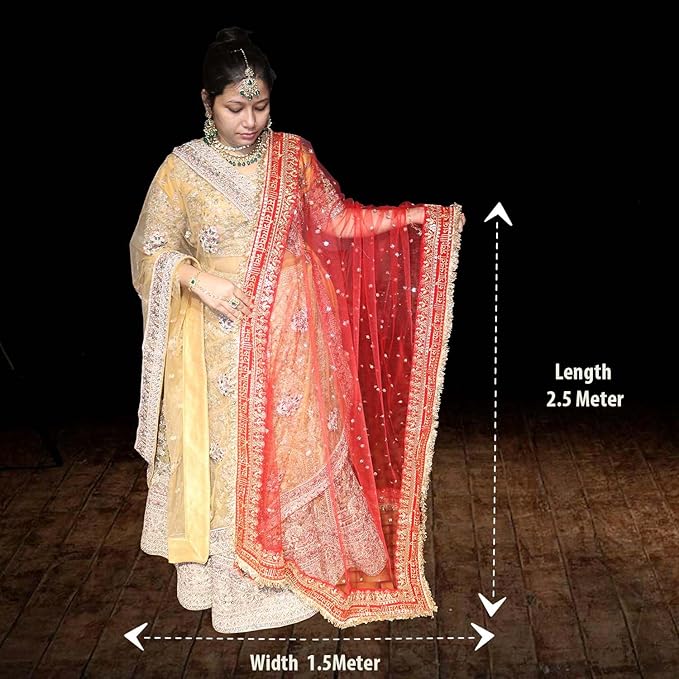 KAEVION 2.5 Meter Net Sada Saubhagyawati Bhav Bridal Wedding Dupatta With Sequins lace | Bridal Women's Net Dupatta | Traditional Dulhan Entry Chunni | Designer Contrast Dupatta for Lehenga Saree