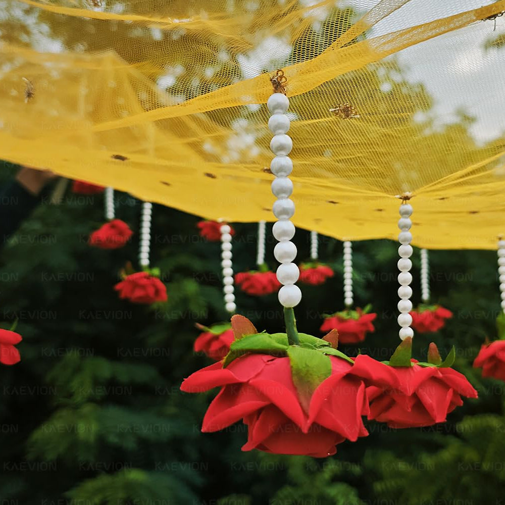 KAEVION Dulhan ki Entry Chaddar | Bridal Entry Odhani Ceremony | Bridal Entry Canopy with Red Rose Flowers & Pearl Latkan | Traditional Phoolon Ki Chadar