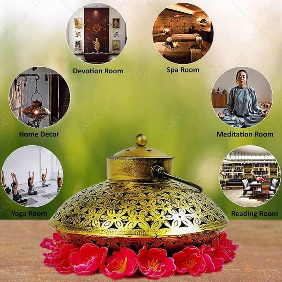 KAEVION Wall Hanging Diwali Accessory Round Shape Traditional Incense Holder Dhoop Burner Urli Pot | Home Décor Item for Gifting with Free 10 Tea Light Candles + 1 Fairy Light- Pack of 1