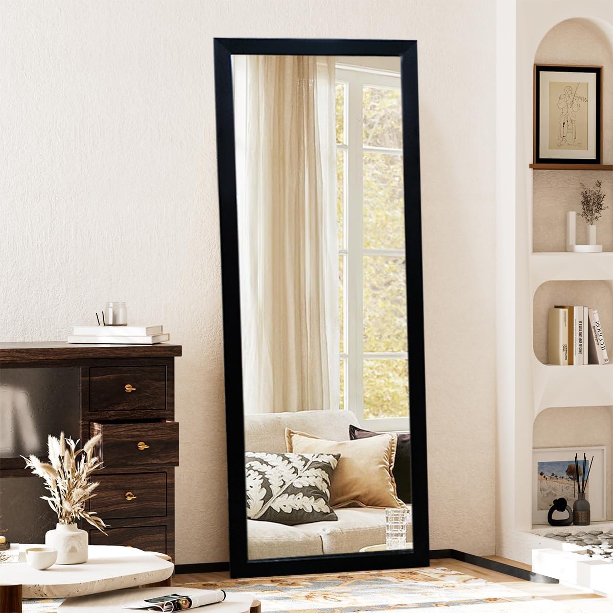 KAEVION Rectangular 4.25ft Brown PVC Frame Wall Hanging Mirror Full-Length with 5MM HD Reflection Glass| Long Dressing Body Mirror|Tall Big Floor Stand |Wall Mounted Mirror for Home Décor