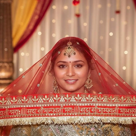 KAEVION 2.5 Meter Net Sada Saubhagyawati Bhav Bridal Wedding Dupatta With Sequins lace | Bridal Women's Net Dupatta | Traditional Dulhan Entry Chunni | Designer Contrast Dupatta for Lehenga Saree