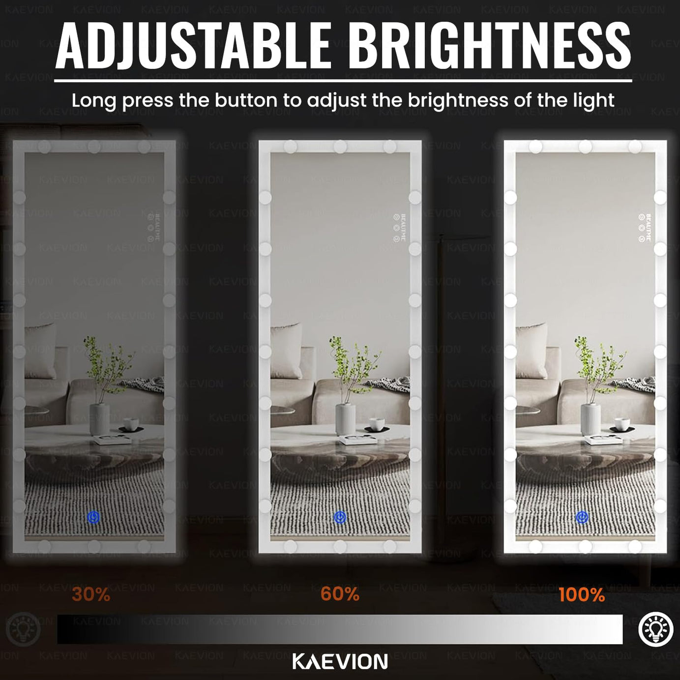 KAEVION Rectangular Full Length Mirror 4.4 Feet with Lights, Full Body Vanity Mirror, LED Lighted Full-Length Mirror, Large Floor Mirror with Lights, Wall-Mounted and Standing for Bedroom