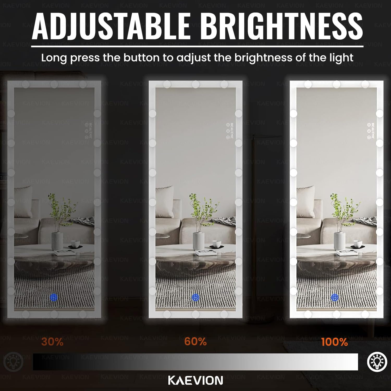 KAEVION Rectangular Full Length Mirror 4.4 Feet with Lights, Full Body Vanity Mirror, LED Lighted Full-Length Mirror, Large Floor Mirror with Lights, Wall-Mounted and Standing for Bedroom