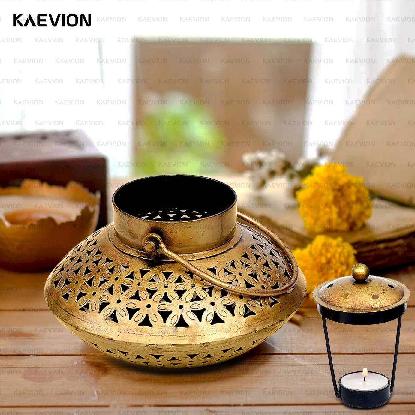 KAEVION Metal Brass Dhoop Dani Degchi Style Tea Light Candle Holder | Medium Size 7” in Wall Hanging Table Top Dhoop Stand Home Decor | Incense Dhup Burner for Pooja Room or Diwali Decoration