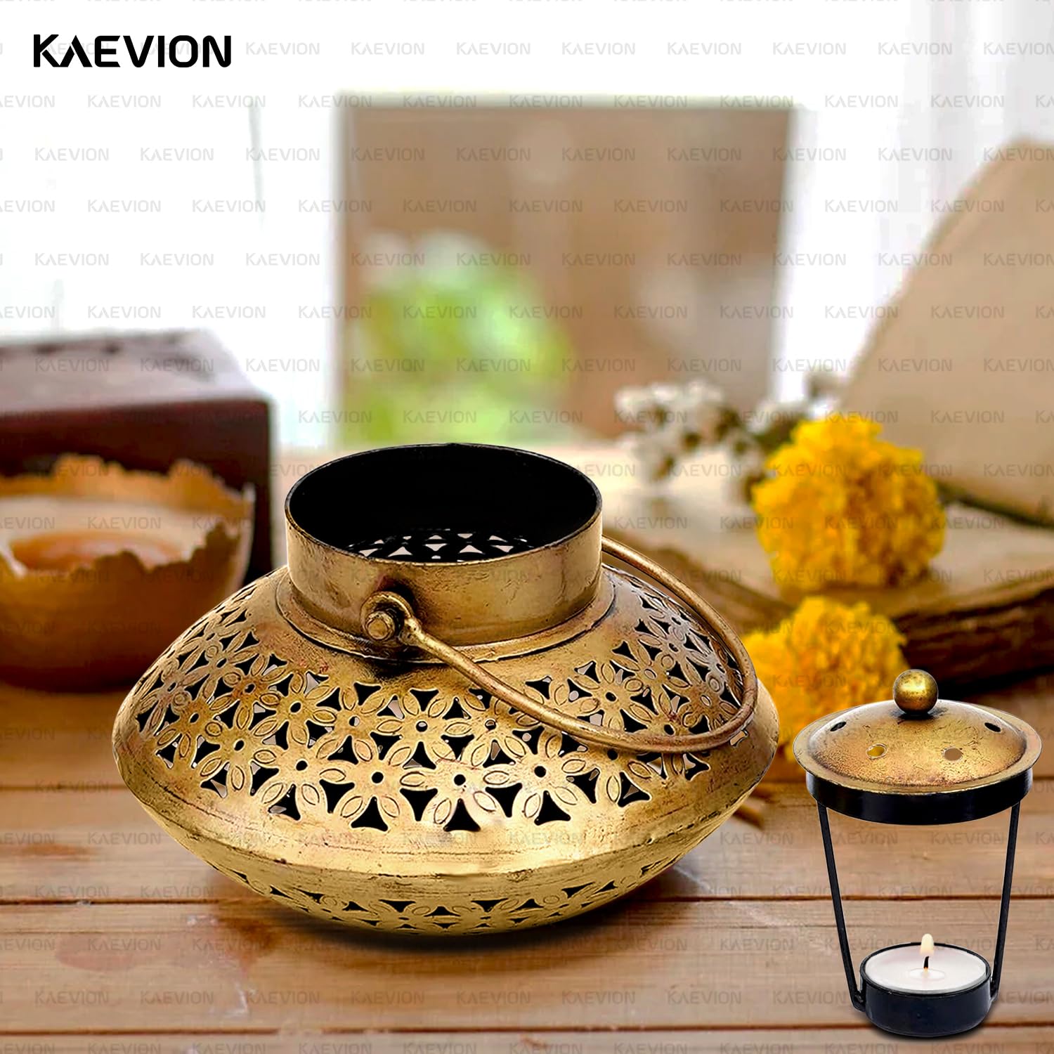 KAEVION Metal Brass Dhoop Dani Degchi Style Tea Light Candle Holder | Medium Size 7” in Wall Hanging Table Top Dhoop Stand Home Decor | Incense Dhup Burner for Pooja Room or Diwali Decoration
