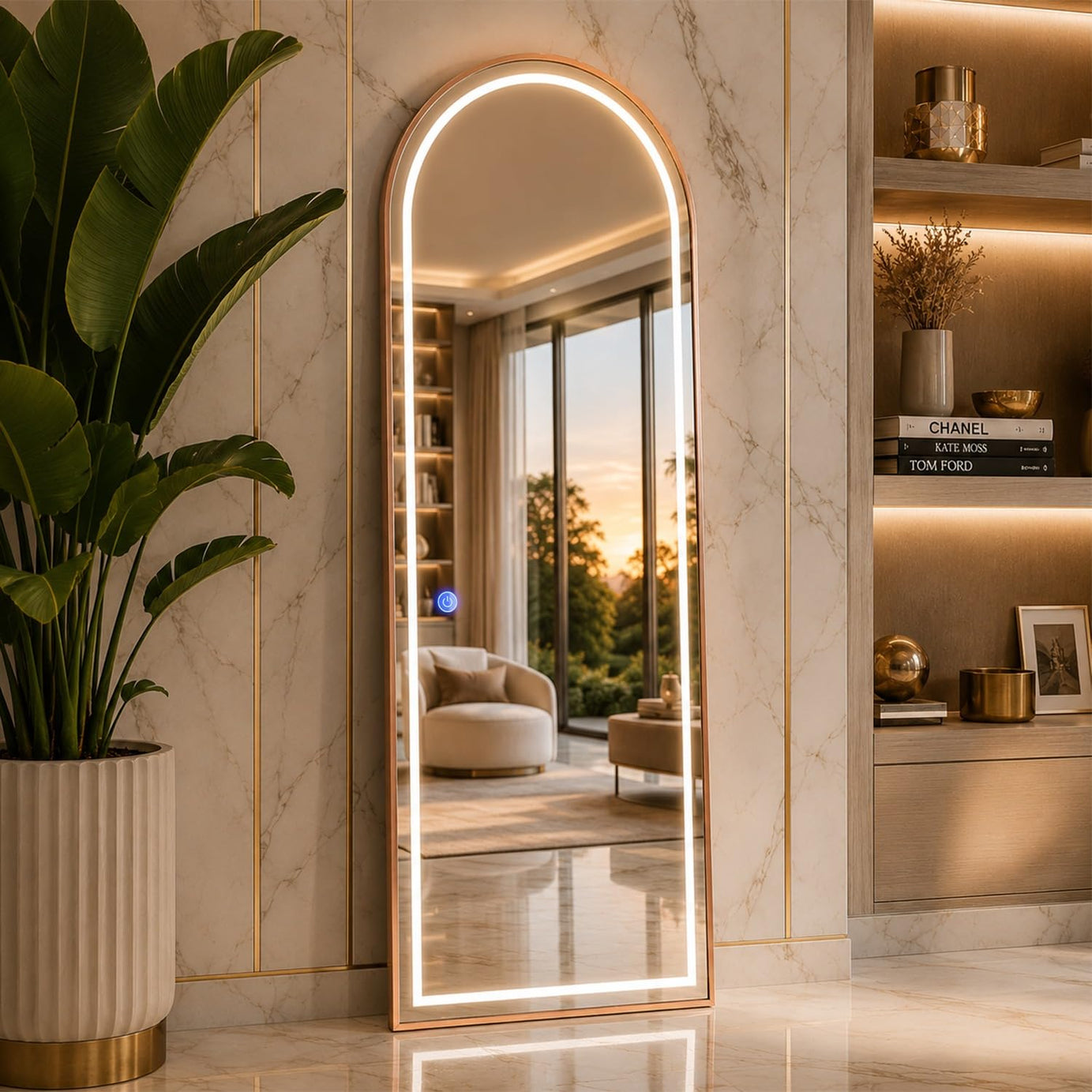 5 Feet 3 in 1 LED Lighted Arch Mirror, Rose Gold | Full Length, Wall-Hanging, Premium 5mm Thick Frame, Backlit Tall Arched Vanity Mirror