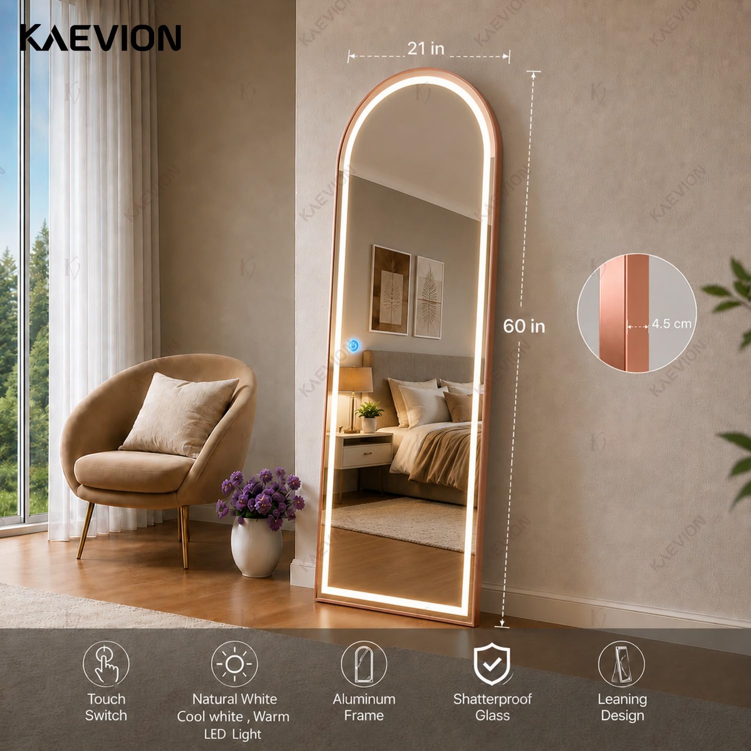 5 Feet 3 in 1 LED Lighted Arch Mirror, Rose Gold | Full Length, Wall-Hanging, Premium 5mm Thick Frame, Backlit Tall Arched Vanity Mirror