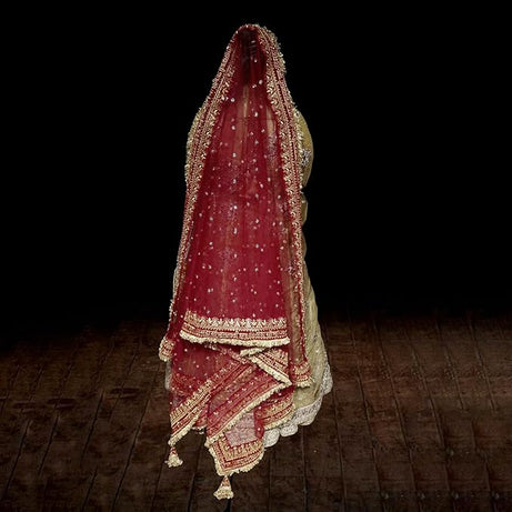 KAEVION 2.5 Meters Net Sada Saubhagyawati Bhav Bridal Wedding Dupatta With Sequins lace | Bridal Women's Net Dupatta | Traditional Dulhan Entry Chunni | Designer Contrast Dupatta for Lehenga Saree