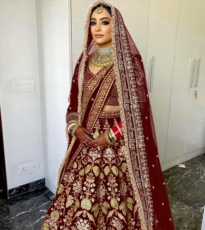 KAEVION 2.5 Meters Net Sada Saubhagyawati Bhav Bridal Wedding Dupatta With Sequins lace | Bridal Women's Net Dupatta | Traditional Dulhan Entry Chunni | Designer Contrast Dupatta for Lehenga Saree