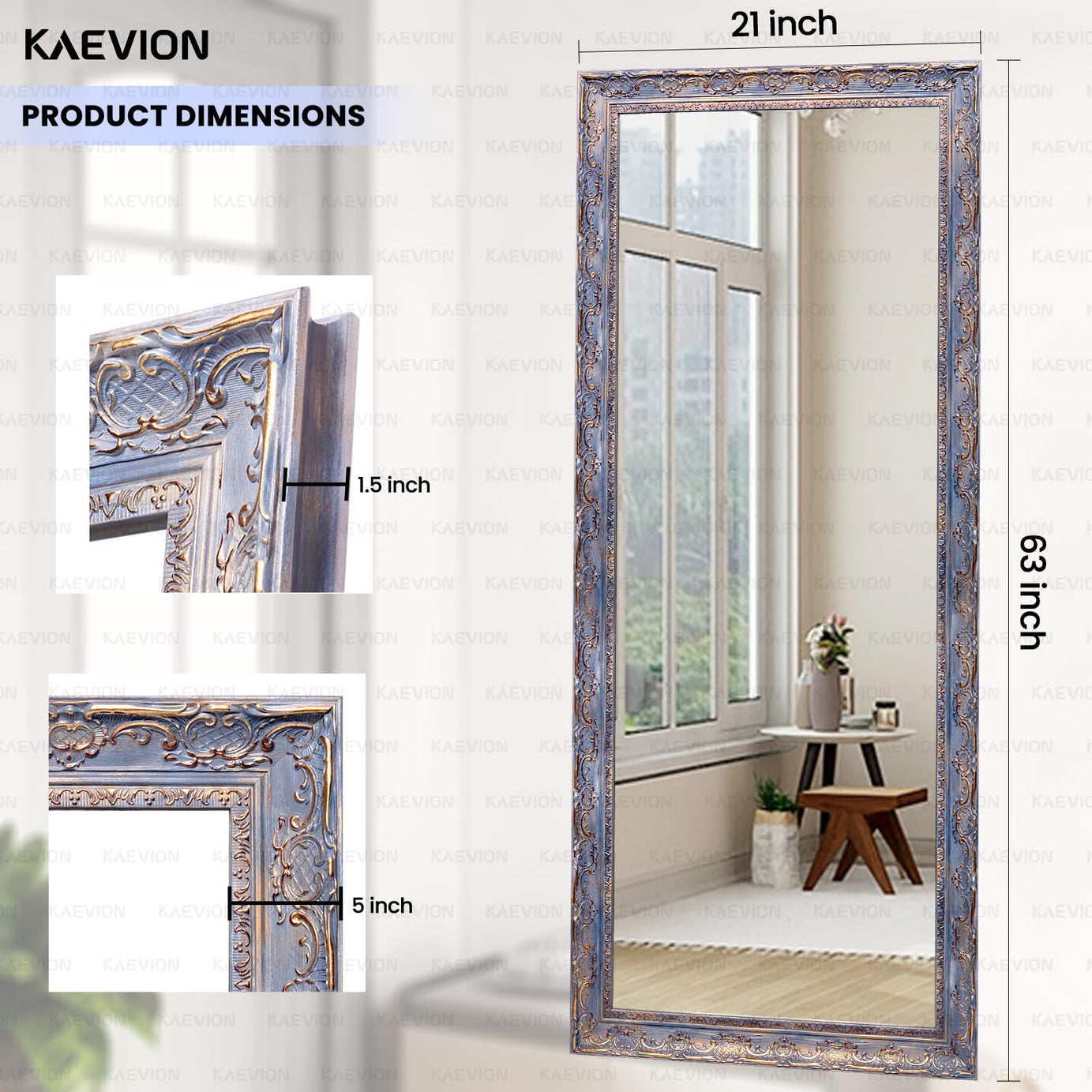 KAEVION Rectangular Shape 5.25 Feet Full-Length PVC Wooden Frame Wall Hanging Mirror with 5 MM Glass| Floor Wall Leaning Mirror| Home Dcor Mounted Mirror for Bedroom Living-Room - Antique Blue
