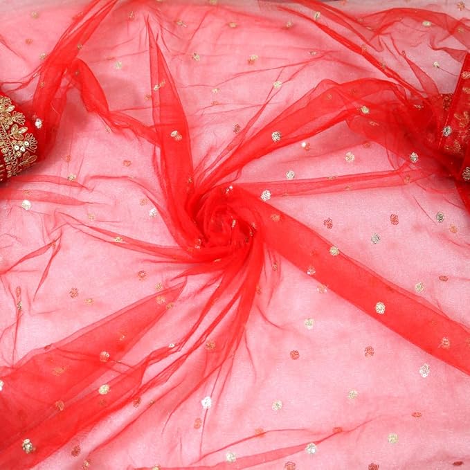 KAEVION Net Bridal Sada Saubhagyawati Bhav Wedding Dupatta with Kiran lace -2.5 Meter