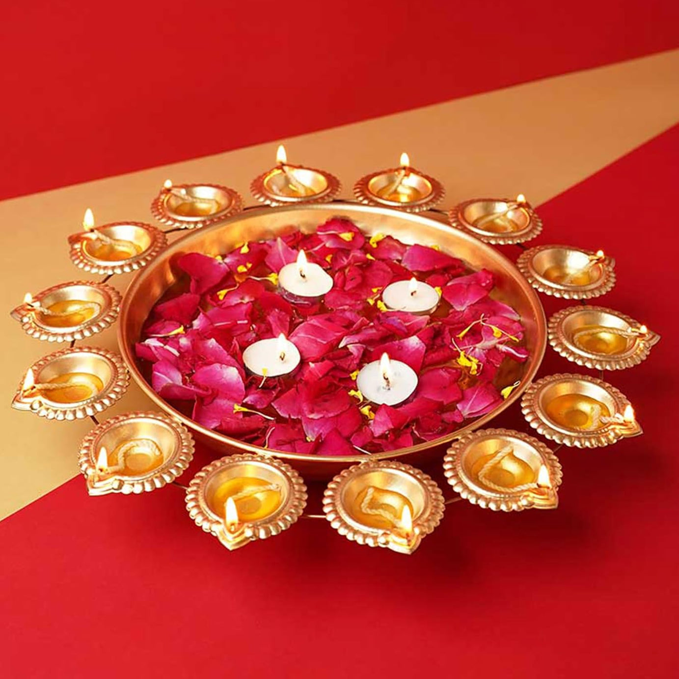 KAEVION Traditional Metal Brass Home Decor T-Light Candle Holder Diya Urli Bowl Float Flower Water Pot Home Decor| for Gifting| All Festivals and Wedding Decor with (14 Pcs T-Light Candles)