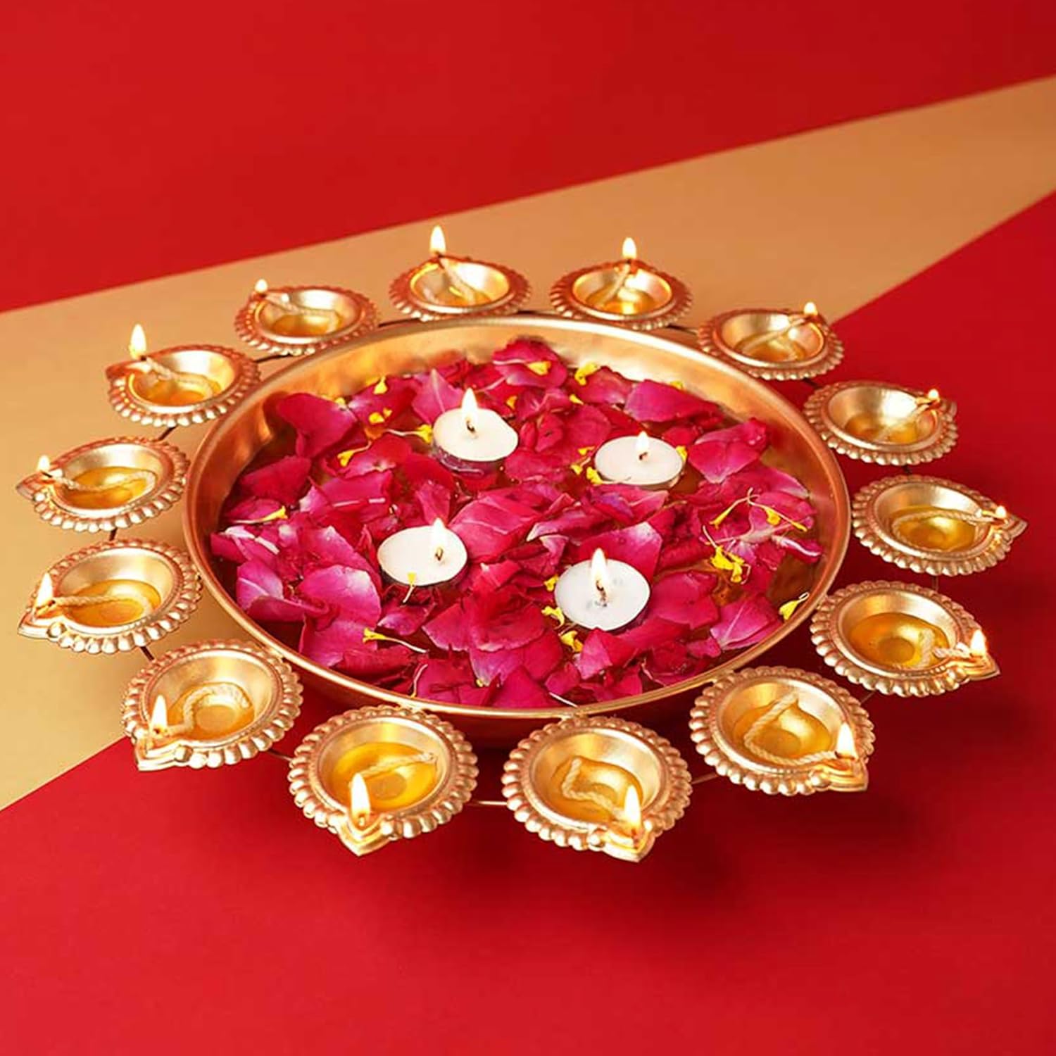 KAEVION Traditional Metal Brass Home Decor T-Light Candle Holder Diya Urli Bowl Float Flower Water Pot Home Decor| for Gifting| All Festivals and Wedding Decor with (14 Pcs T-Light Candles)