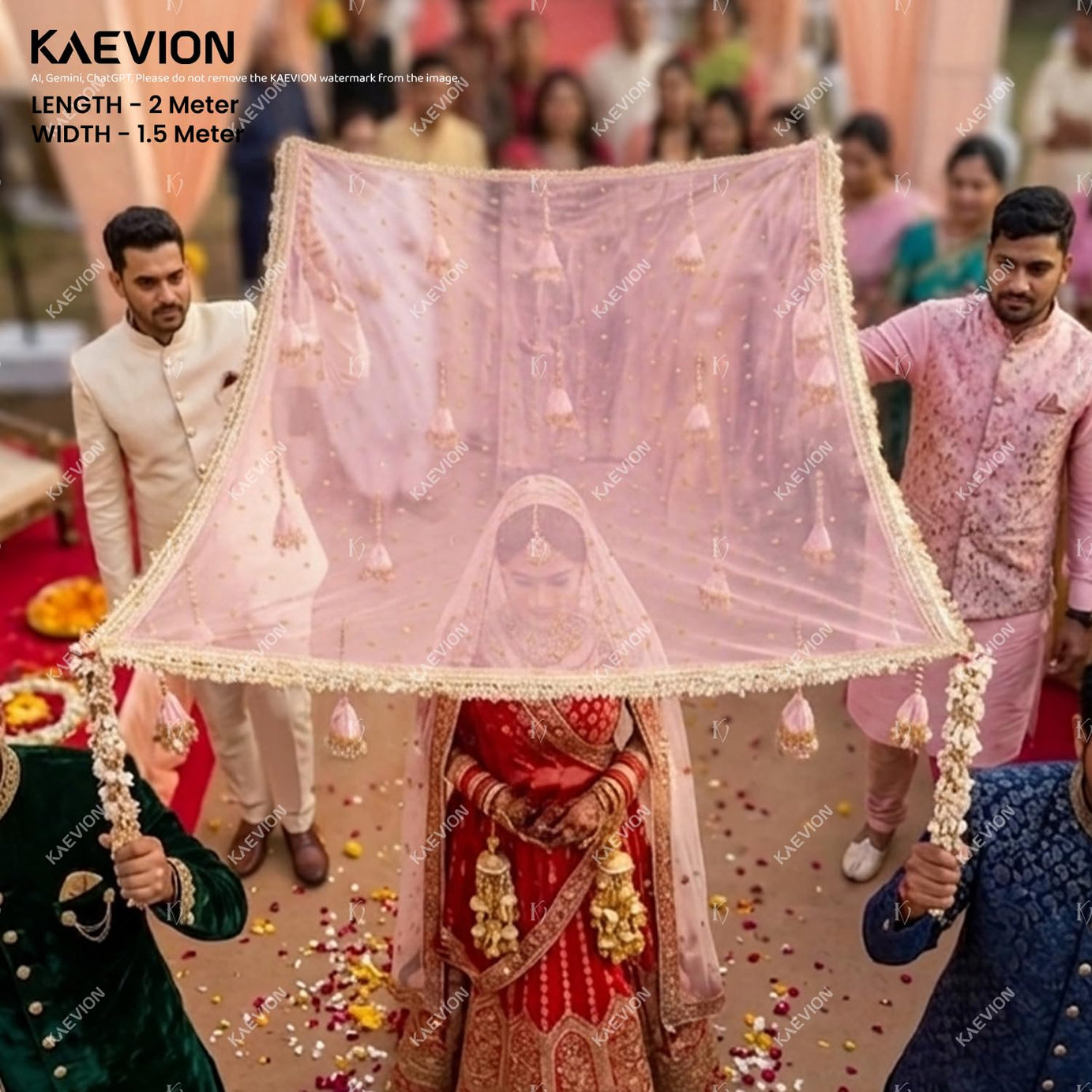 KAEVION Light Pink Net Bridal Entry Chadar with Sequence Lace, Decorative Garlands Foldable Phoolan Ki Chadar for Dulhan Grand Entry - Wedding Decor & Mehndi/Sangeet