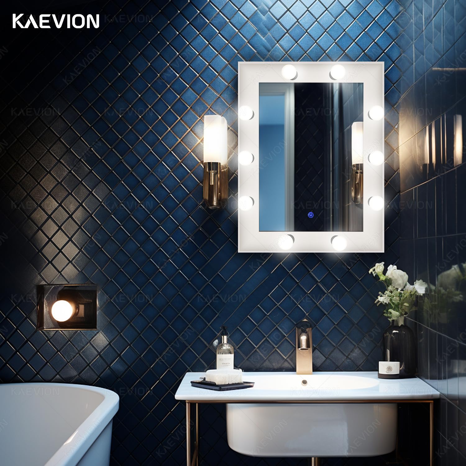 KAEVION 2 Feet Rectangular PVC Framed Wall Mount LED Mirror with 10 LED Bulbs | Makeup Vanity Mirror with LED Lights in 3 Shade (Warm/White/Cool) | Durable & Clear Reflection | Exquisite Wall Mirror