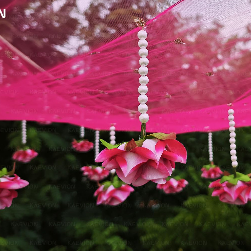 KAEVION Dulhan ki Entry Chaddar | Bridal Entry Odhani Ceremony | Bridal Entry Canopy with Red Rose Flowers & Pearl Latkan | Traditional Phoolon Ki Chadar