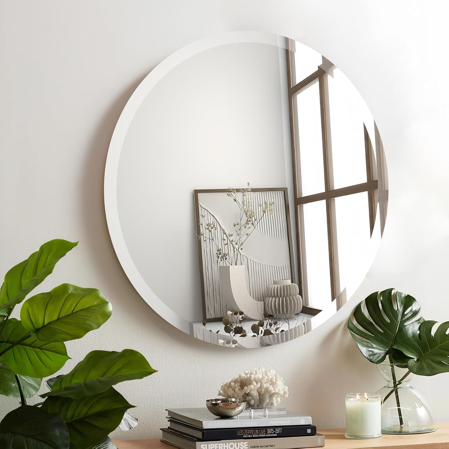 KAEVION 2 Feet Round Frameless Wall-Mounted HD Mirror with 5 mm Glass Thickness | Wall Hanging Mirror for Bathroom, Entryway, Living Room