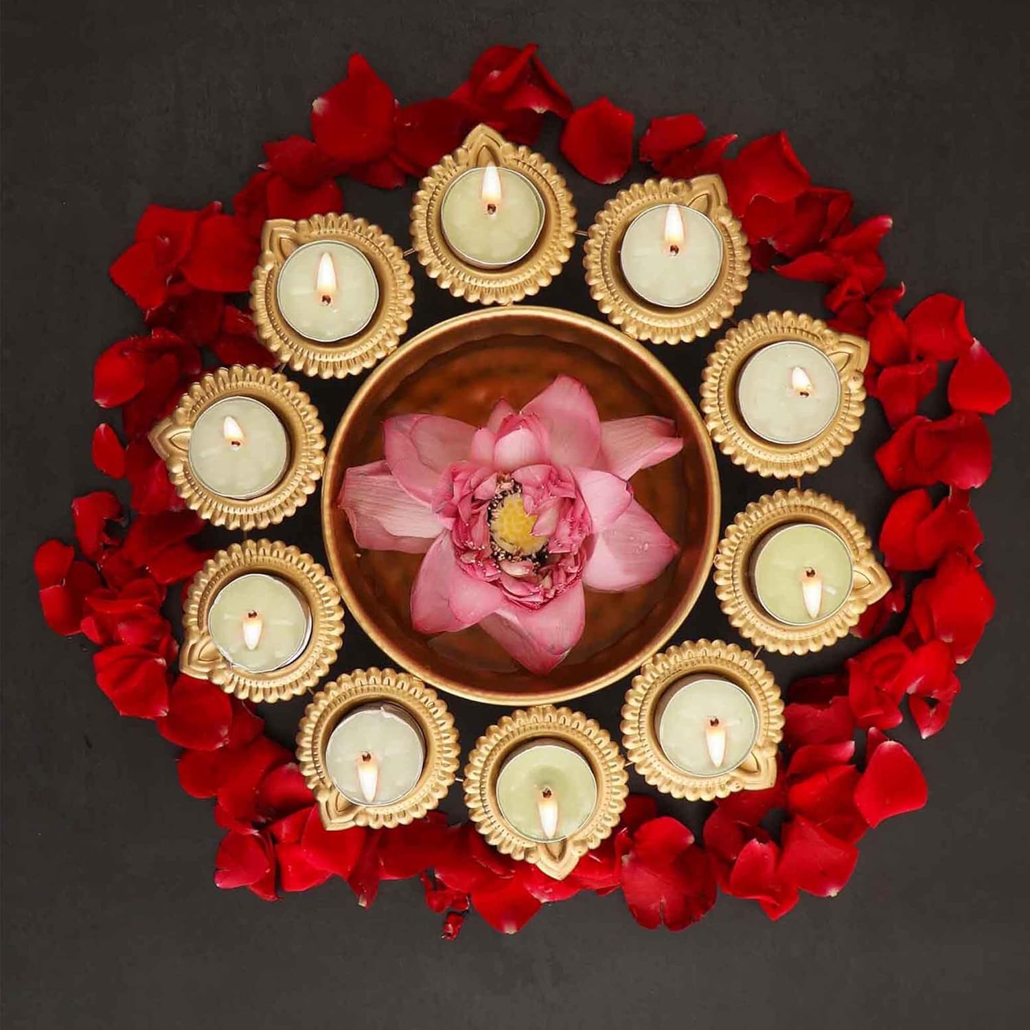 KAEVION Elegant Metal Brass Home Decor Tea Candle Light Holder Floating Flower Urli Diya Bowl (10 Pcs of T-Light Candles)