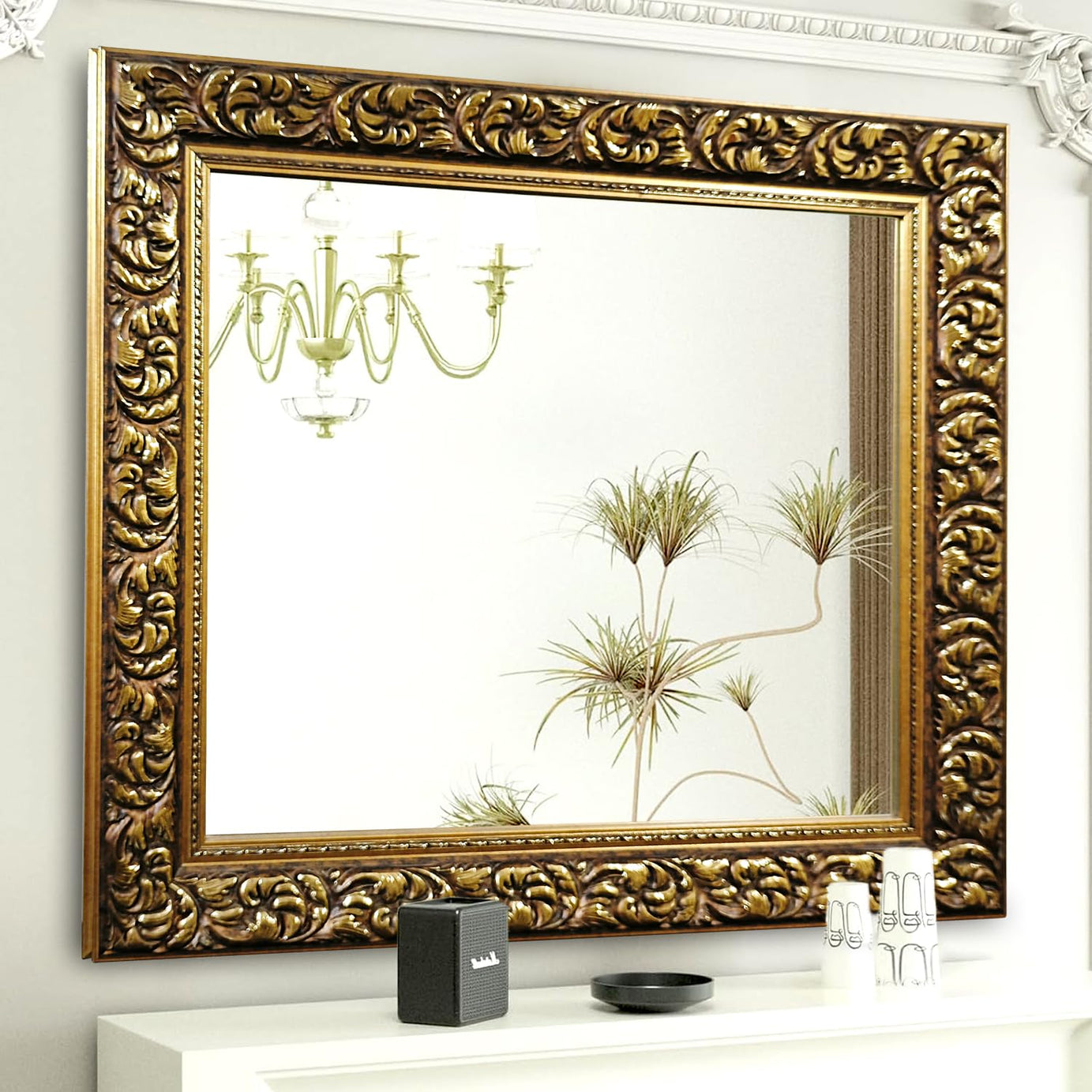 KAEVION 3 Feet Wooden Frame Decorative Wall Mirror | Antique Golden Black Frame | 35" x 37" x 1.5" | Wall Mounting Glass Mirror| Perfect for Home Décor