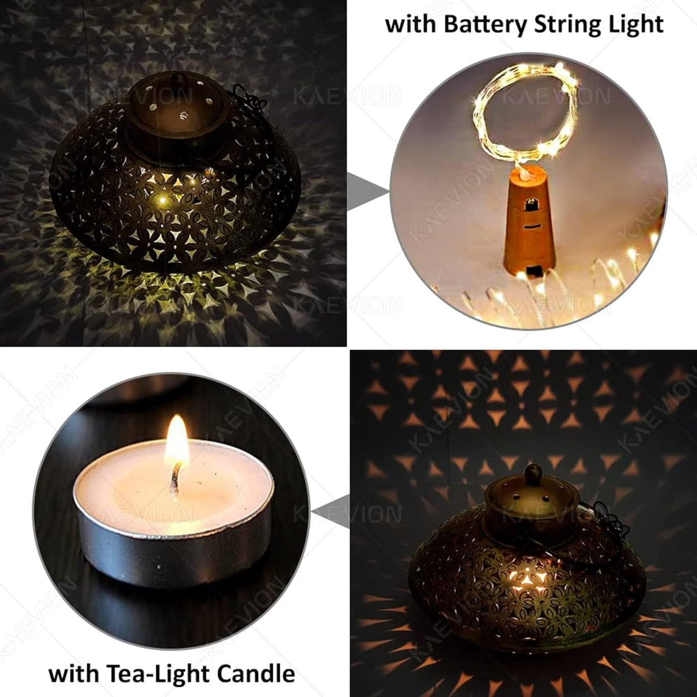 KAEVION Corporate Diwali Gift Set of Incense Stick Burner Tea Light Candle Holder Urli Bowl with Brass Bell Art Hanger - Pack of 2 with Six Tea Light Candle and Two String Light.