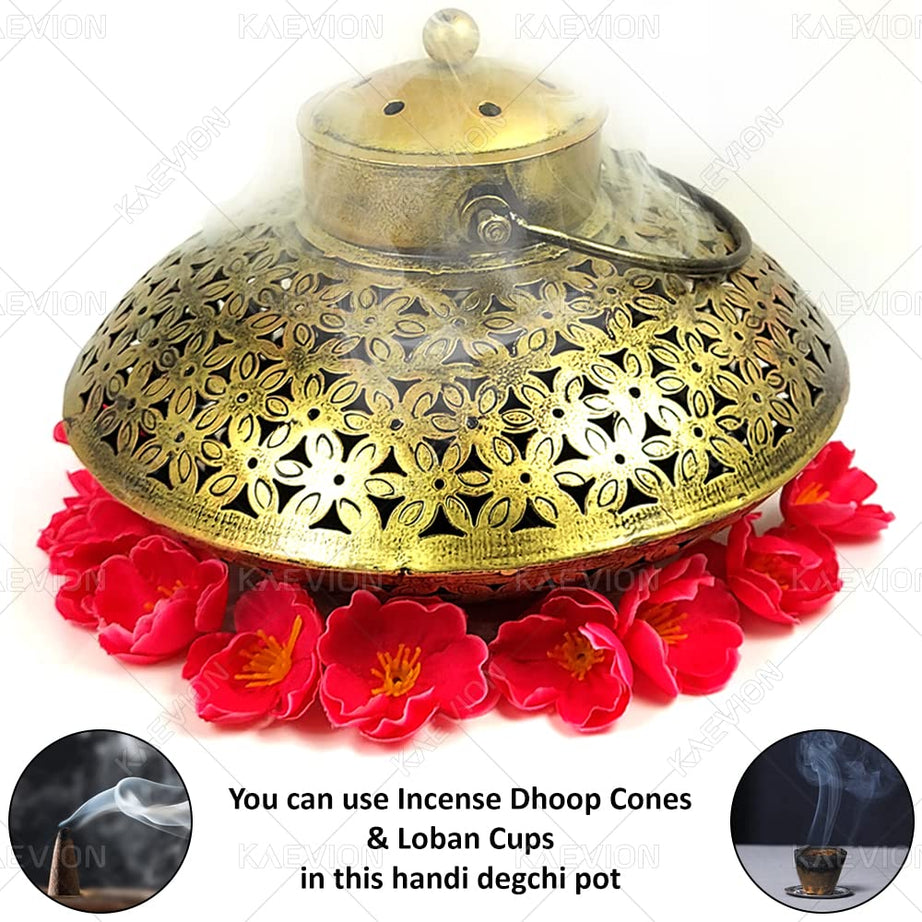 KAEVION Iron Antique Brass - Decor Incense Holder Dhoop Degchi Pot with Brass Bells Wall Hanging with - Oval Shape| Big Size lobhan Dhani Wall Mounted Burnner - Set of 1
