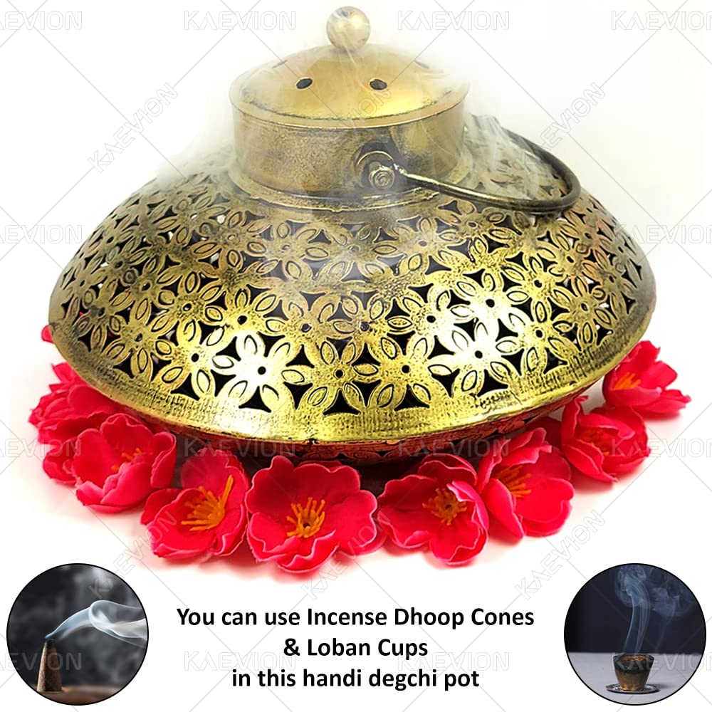 KAEVION Iron Antique Brass - Decor Incense Holder Dhoop Degchi Pot with Brass Bells Wall Hanging with - Oval Shape| Big Size lobhan Dhani Wall Mounted Burnner - Set of 1