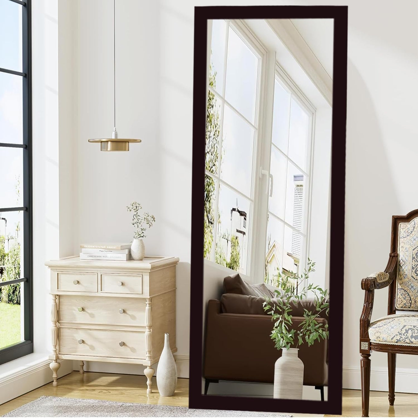 KAEVION Rectangular 5.25 Feet Brown Full-Length Waterproof PVC Wooden Frame Wall Hanging Mirror | Wall Mirror | Home Decor Wall Mounted Mirror for Bedroom Living-Room Vanity Farmhouse