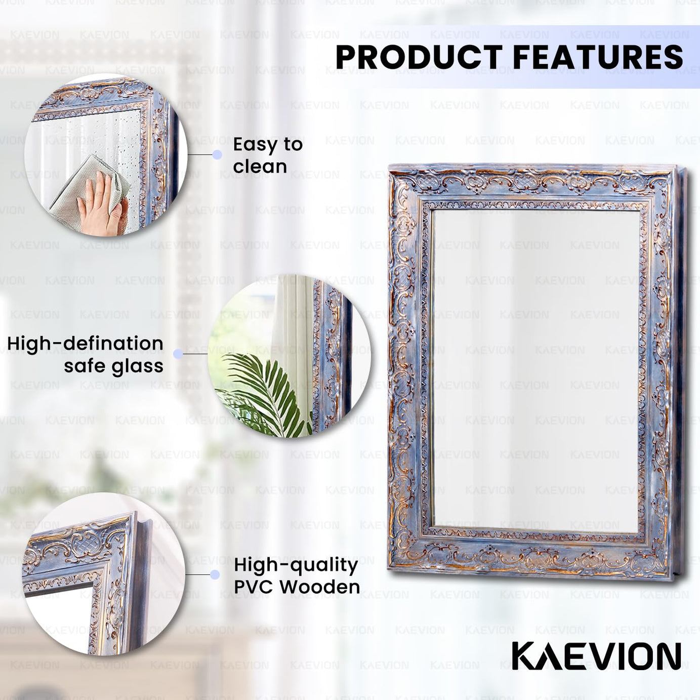 KAEVION 2 Feet PVC Wooden Framed Rectangle Wall Hanging Mirror | Antique Wall Decorative Mirror for Farmhouse, Living Room, Vanity Bedroom