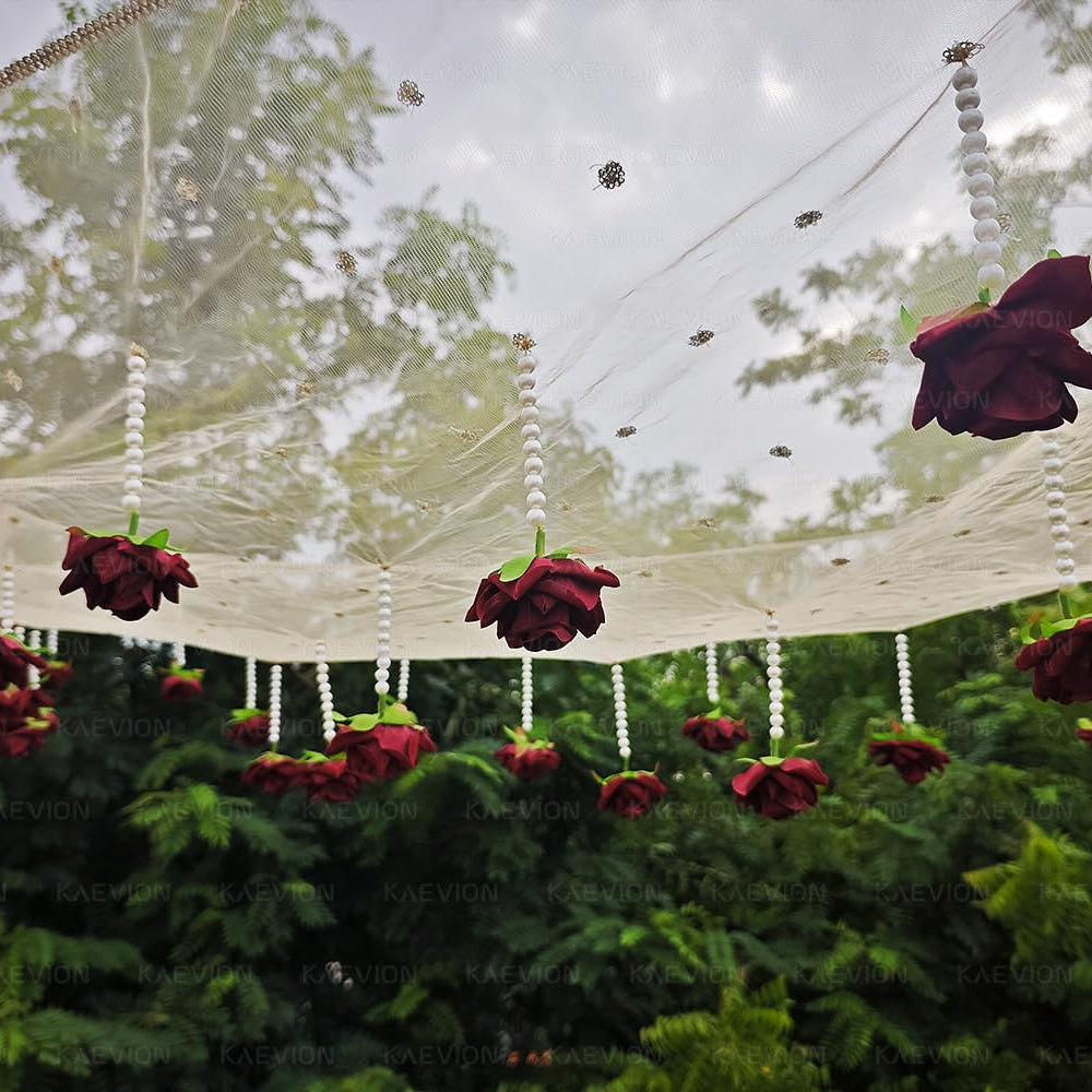 KAEVION Dulhan ki Entry Chaddar | Bridal Entry Odhani Ceremony | Bridal Entry Canopy with Red Rose Flowers & Pearl Latkan | Traditional Phoolon Ki Chadar