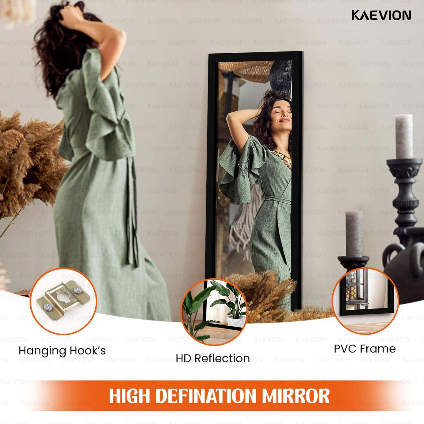 KAEVION Wall Hanging 4 Feet Long PVC Framed Full Length Mirror | Full Size Long Wall Mirror for Home Décor Bedroom Living Room | Wall Mounted Rectangular Standing Dressing Mirror