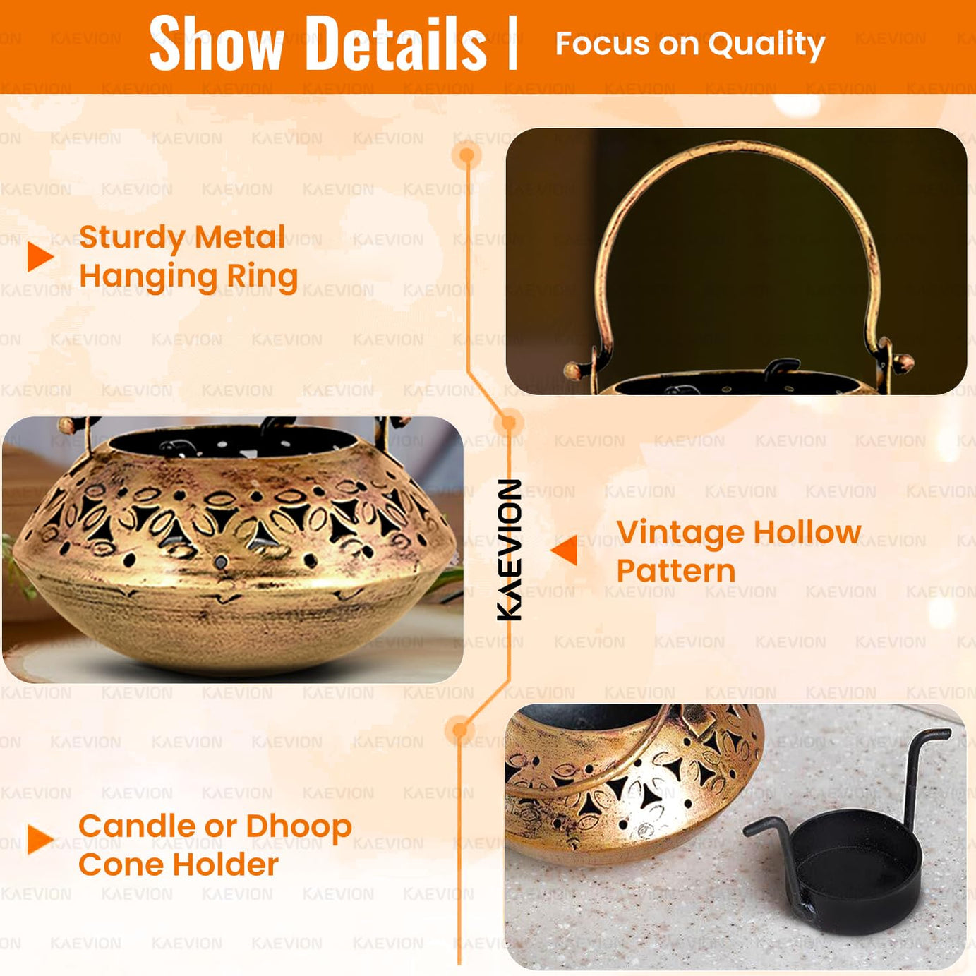 KAEVION 5pcs Metal Brass Incense Burner Tea Light Candle Holder | Small Size Degchi 5” | Wall Hanging Diya Holder for Pooja Room| Degchi Dhoop Dani | Brass Home Decorative Items for Living Room