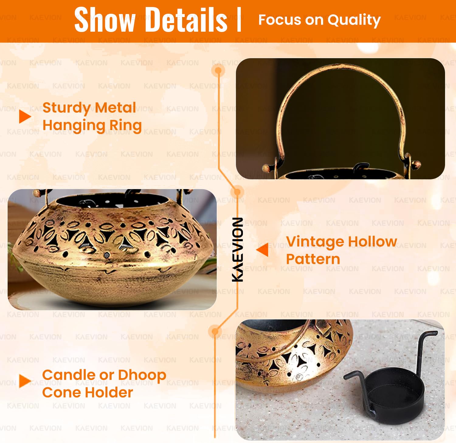 KAEVION 5pcs Metal Brass Incense Burner Tea Light Candle Holder | Small Size Degchi 5” | Wall Hanging Diya Holder for Pooja Room| Degchi Dhoop Dani | Brass Home Decorative Items for Living Room