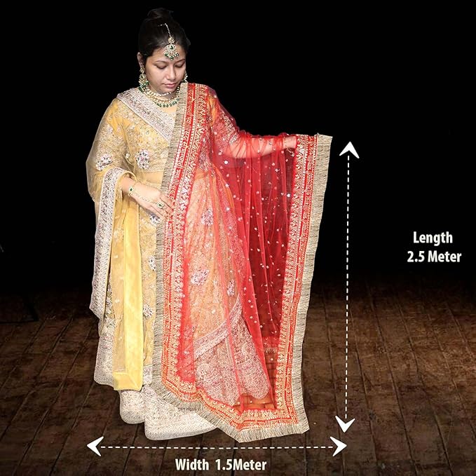 KAEVION 2.5M Net Sada Saubhagyawati Bhav Bridal Wedding Dupatta With Kiran lace | Bridal Women's Net Dupatta | Traditional Dulhan Entry Chunni | Designer Contrast Dupatta for Lehenga Saree