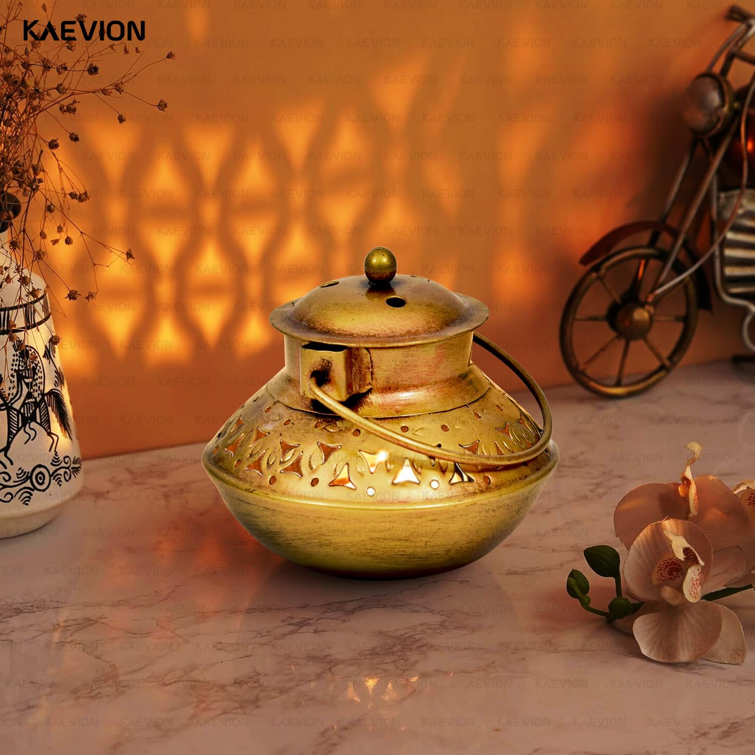 KAEVION Home Décor Small Size L5 X W5 X H4 Inch Brass Incense Holder Only | Wall Hanging Degchi Pot Dhup Dani | Home Decor Items for Living Room | Brass Tea Holder Pack of -1