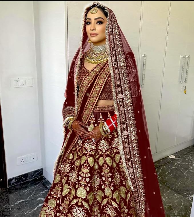 KAEVION Women Net 2.5 Meter Sada Saubhagyawati Bhav Wedding Dupatta with Kiran Lace | Embroidered Traditional Bridal  Designer Contrast Dupatta for Special Occasion | Dulhan Chunni