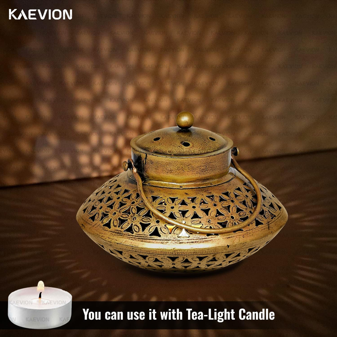 KAEVION Metal Brass Dhoop Dani Degchi Style Tea Light Candle Holder | Medium Size 7” in Wall Hanging Table Top Dhoop Stand Home Decor | Incense Dhup Burner for Pooja Room or Diwali Decoration