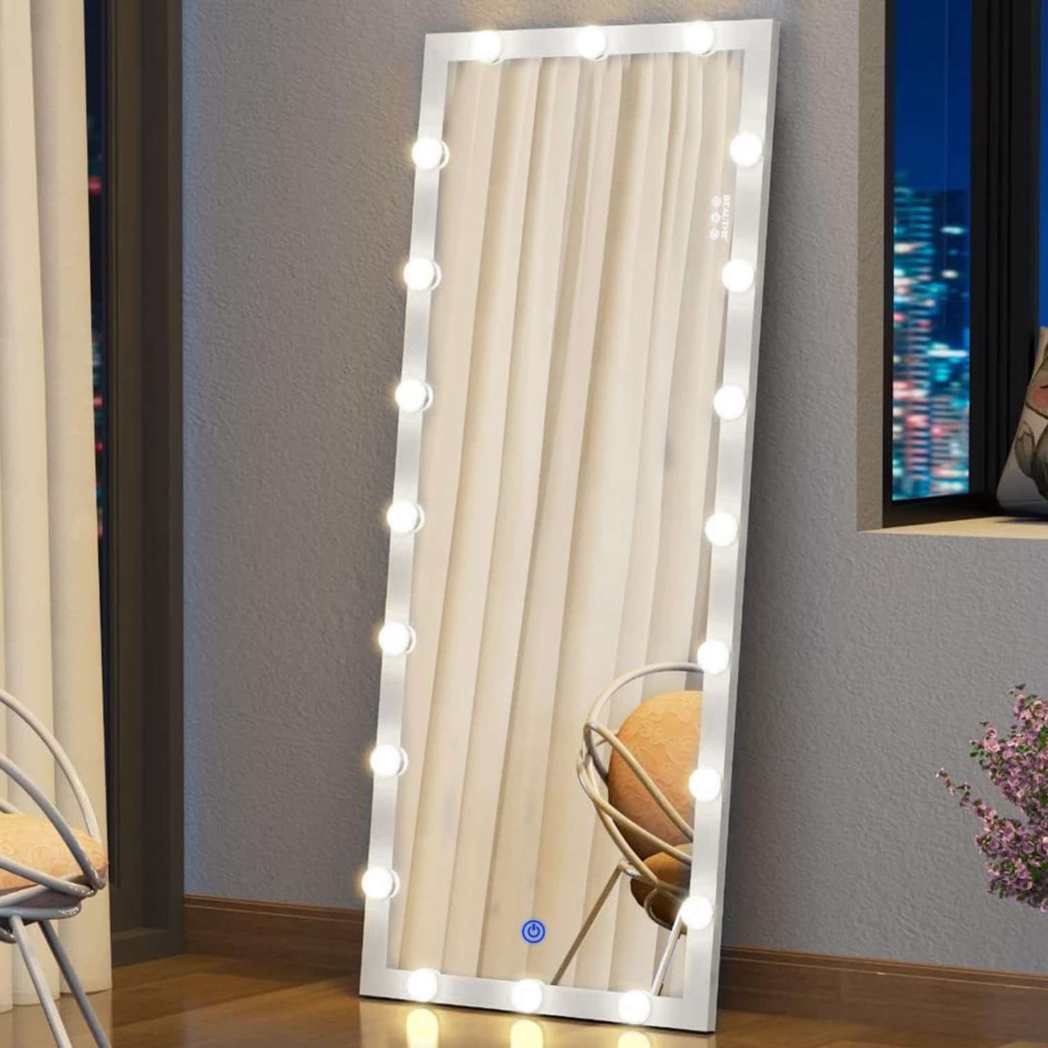 KAEVION Rectangular Full Length Mirror 4.4 Feet with Lights, Full Body Vanity Mirror, LED Lighted Full-Length Mirror, Large Floor Mirror with Lights, Wall-Mounted and Standing for Bedroom