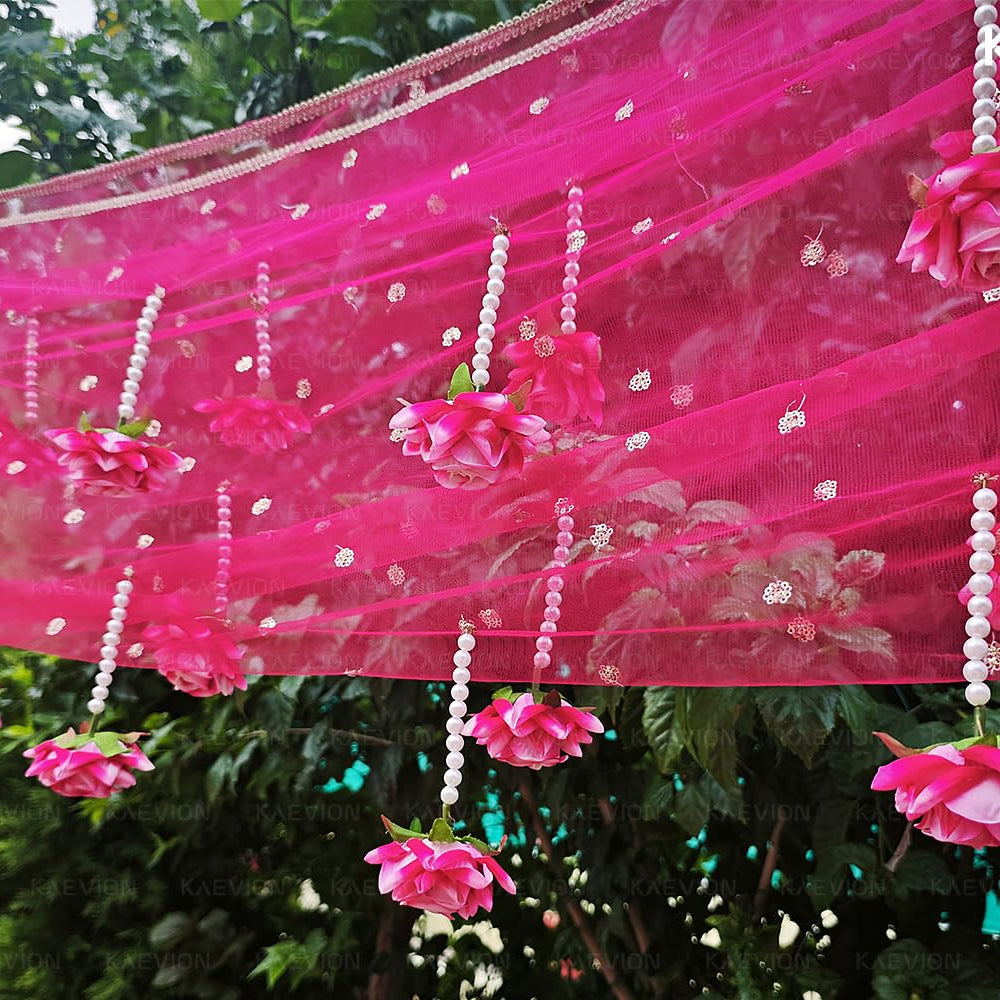 Kaevion Floral Net Bridal Chadar | Artificial Flower Odhani for Brides Mehendi, Haldi, Roka and Sangeet Function