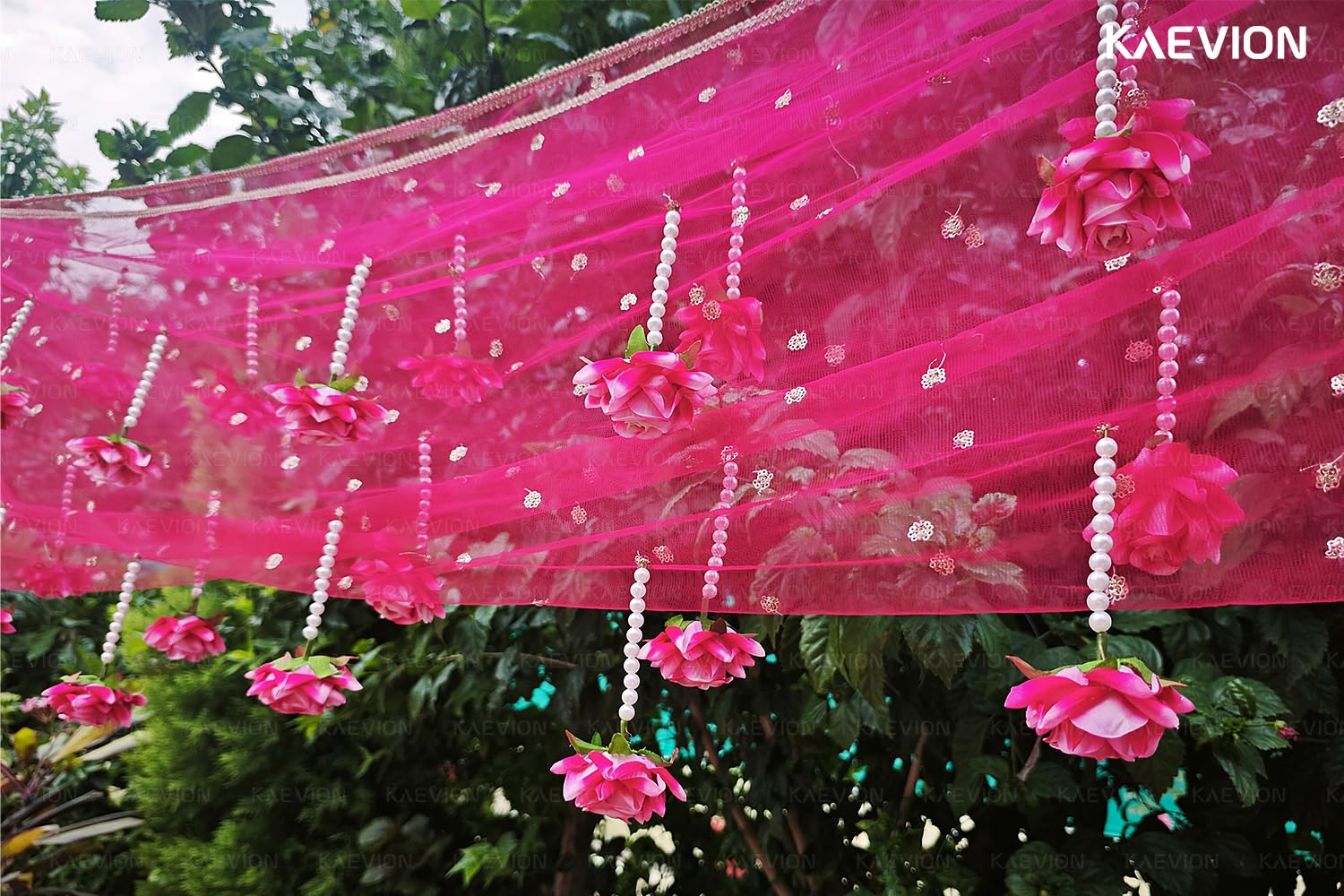 Kaevion Floral Net Bridal Chadar | Artificial Flower Odhani for Brides Mehendi, Haldi, Roka and Sangeet Function