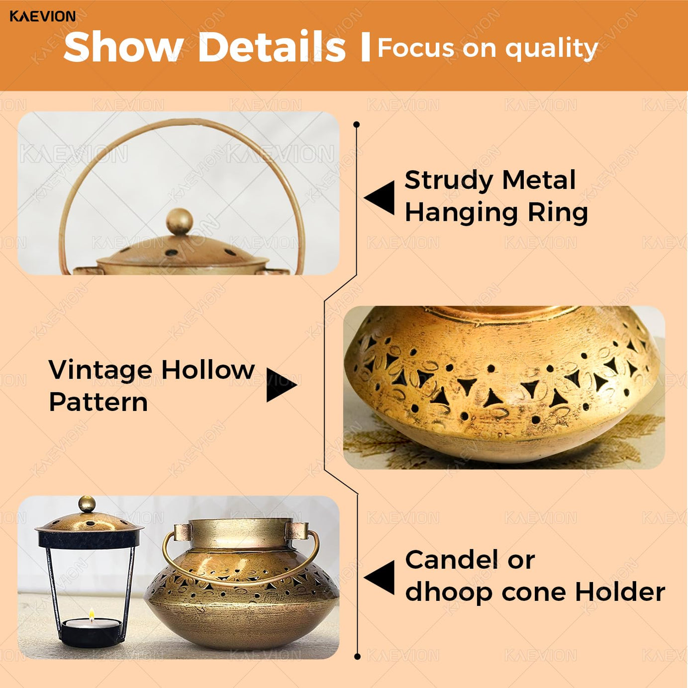 KAEVION Metal Brass Small Size 6 Inch Only Degchi Dhoop Burner | Wall Hanging Home Decor Incense Holder | Dhunuchi Dhoop Pot | Table Top Decor Tea Light Candle Holder | Diwali Decoration Item