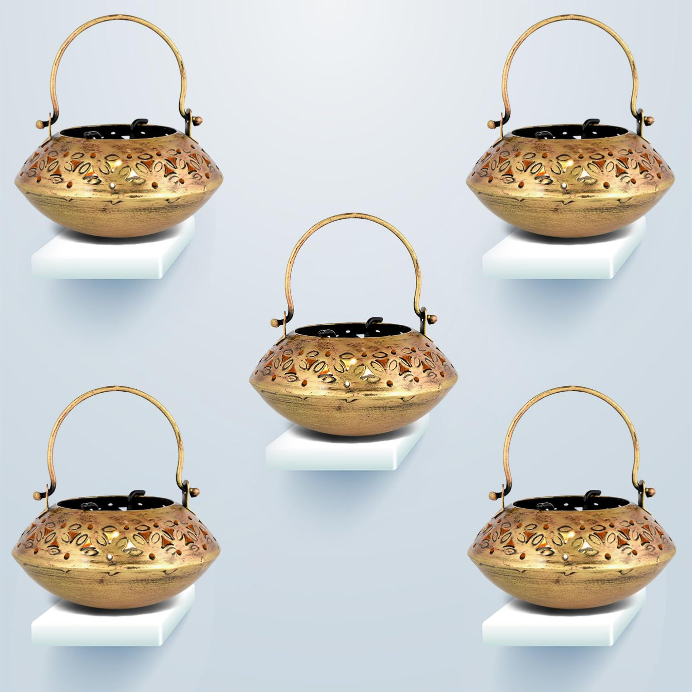 KAEVION 5 pcs Wall Hanging Brass Metal Small Size 5” in Degchi String Light Holder | Tabletop Tea Light Candle Holder | Diwali Decoration String Light Incense Burner | Dhoop Dani Pot Diya Holder