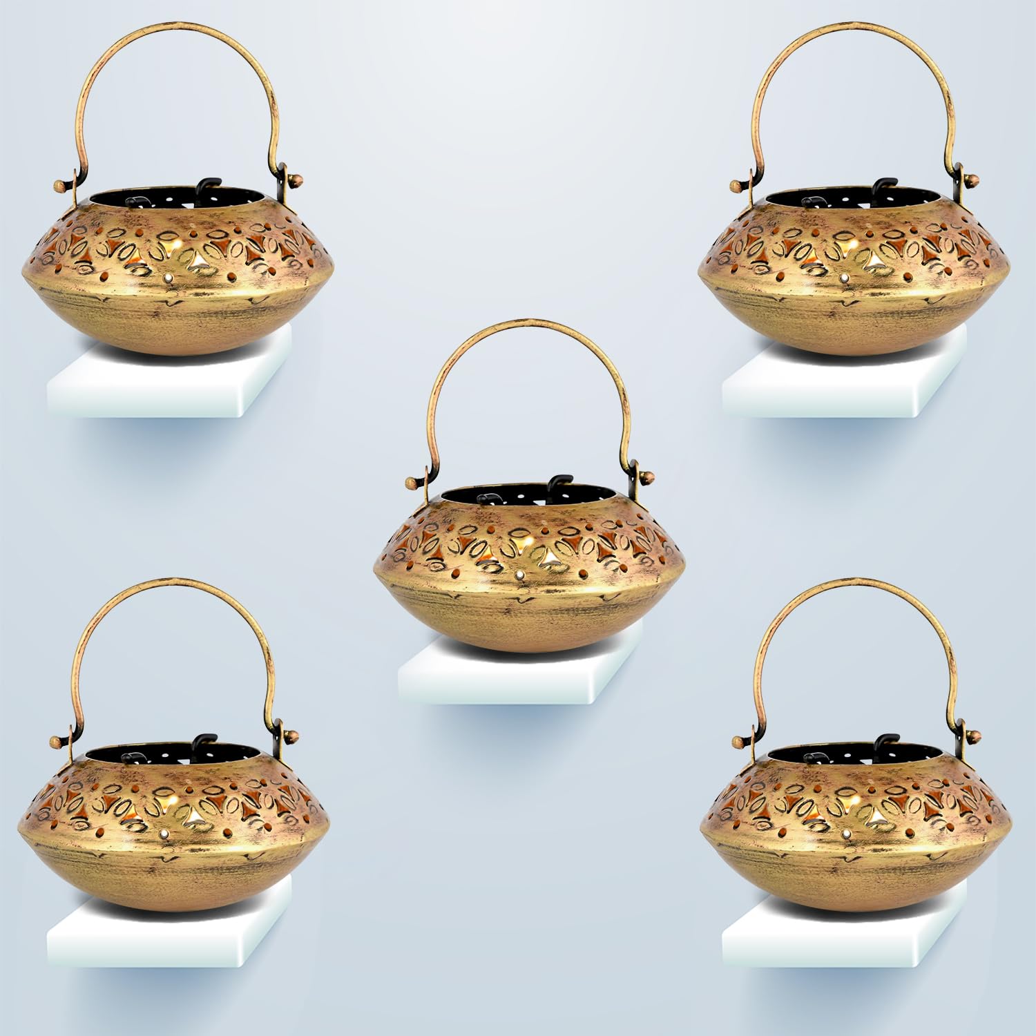 KAEVION 5 pcs Wall Hanging Brass Metal Small Size 5” in Degchi String Light Holder | Tabletop Tea Light Candle Holder | Diwali Decoration String Light Incense Burner | Dhoop Dani Pot Diya Holder