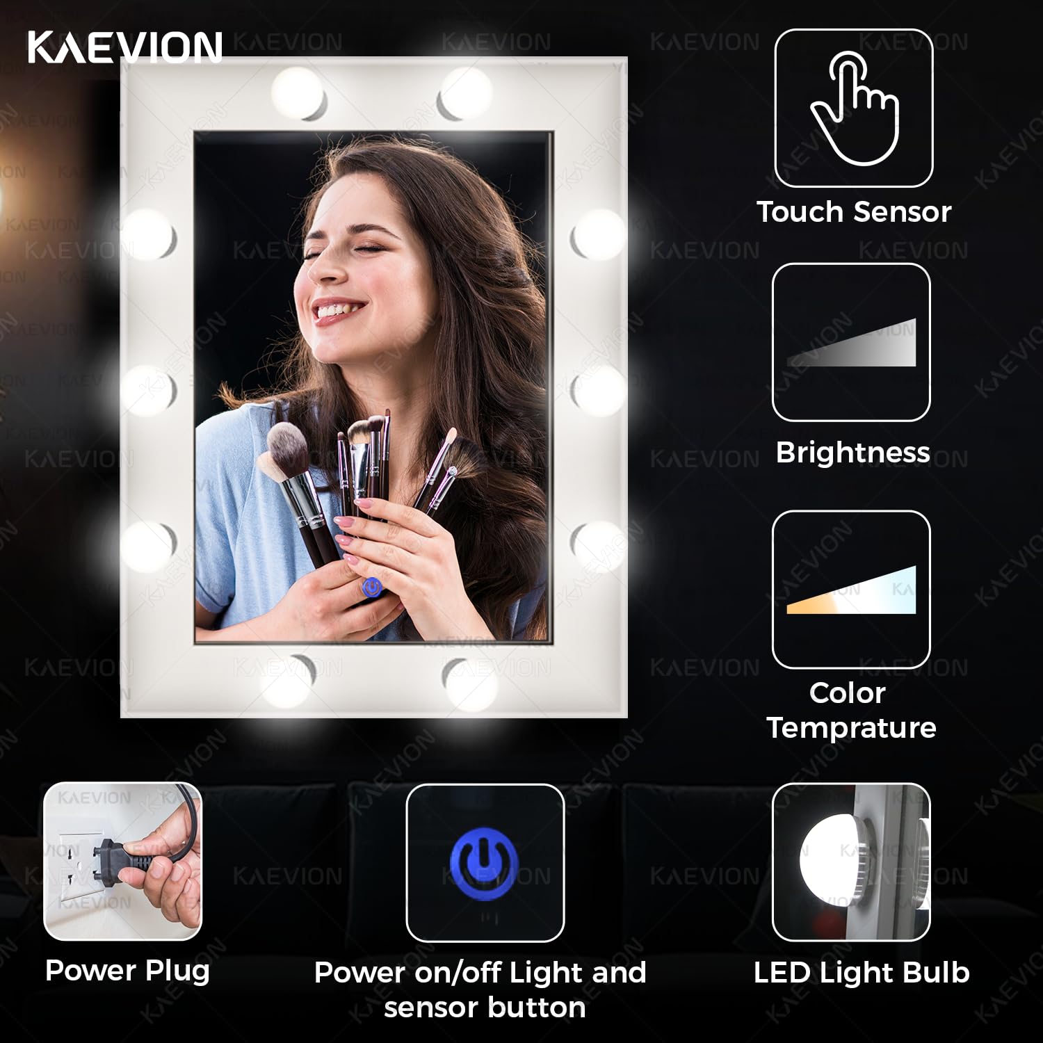 KAEVION 2 Feet Rectangular PVC Framed Wall Mount LED Mirror with 10 LED Bulbs | Makeup Vanity Mirror with LED Lights in 3 Shade (Warm/White/Cool) | Durable & Clear Reflection | Exquisite Wall Mirror