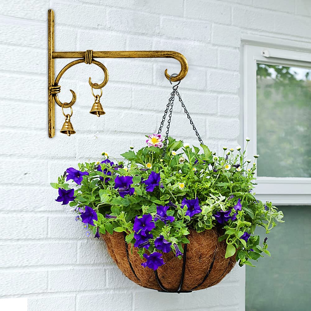 KAEVION Golden Antique Wall Bracket for Bird Feeders & Houses Planters Lanterns Wind Chimes Hanging Baskets Ornaments String Lights | Hotel | Office | Indoor | Outdoor- Pack of 1, 8”Inch