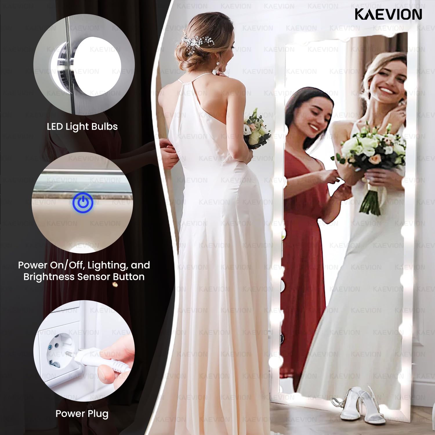 KAEVION Rectangular Full Length Mirror 4.4 Feet with Lights, Full Body Vanity Mirror, LED Lighted Full-Length Mirror, Large Floor Mirror with Lights, Wall-Mounted and Standing for Bedroom