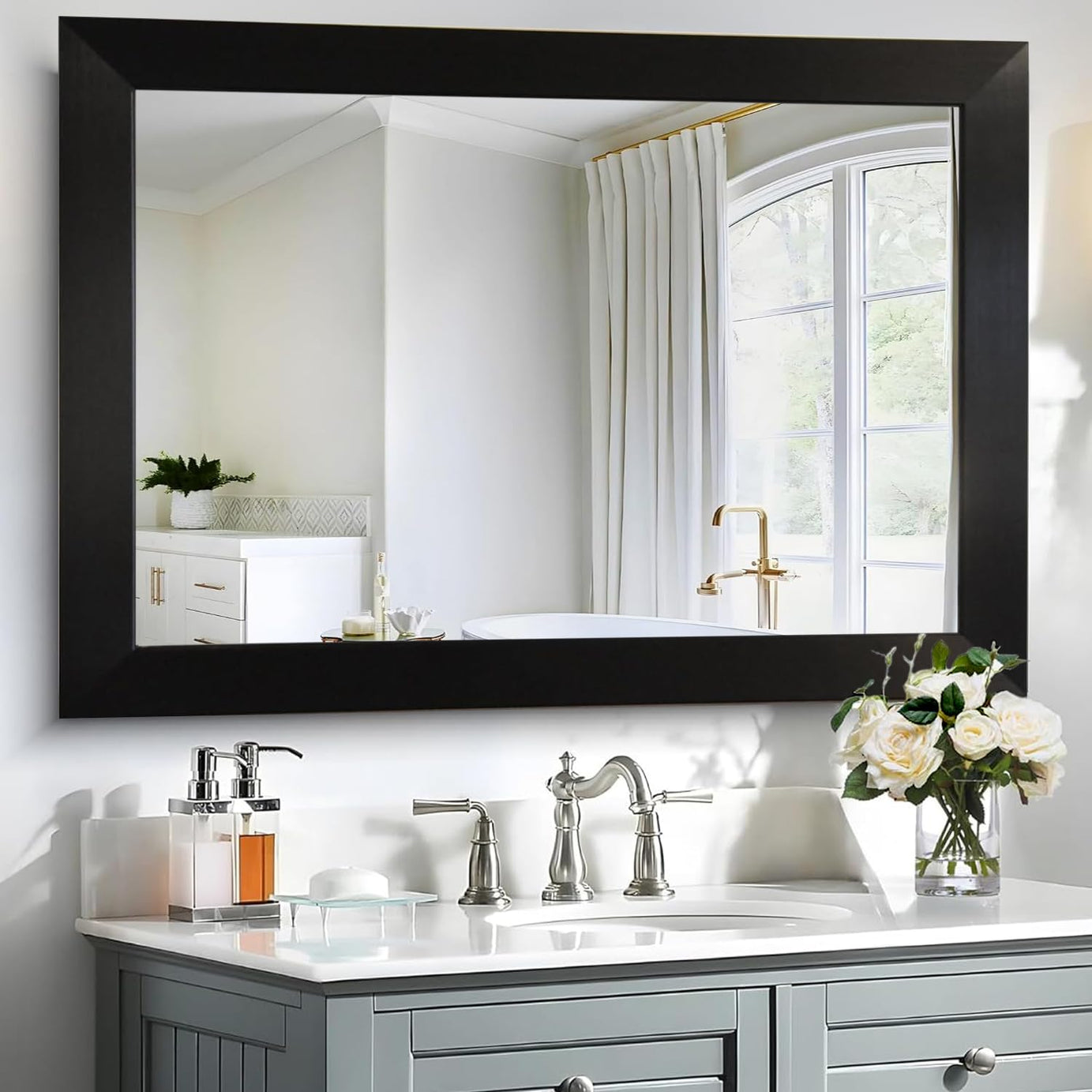 KAEVION Rectangle 3 Feet Wall Hanging Black Framed HD Mirror | Horizontal & Vertical Wall Mounted Makeup Mirror for Bathroom, Bedroom, Hotels, Beauty Salon