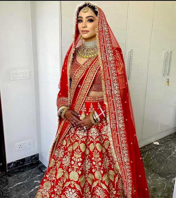 KAEVION Net Bridal Sada Saubhagyawati Bhav Wedding Dupatta with Kiran lace -2.5 Meter