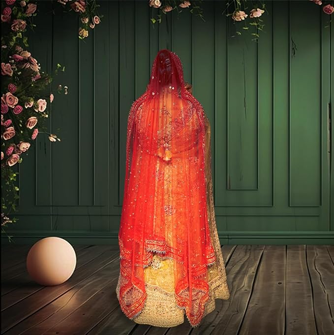 KAEVION Bridal Sada Saubhagyavati Bhav Embroidery with Moti Lace dupatta | Bridal Entry Dupatta for Wedding Roka Ceremony | Traditional Outfits Dulhan Chunari Special Gift For Wife