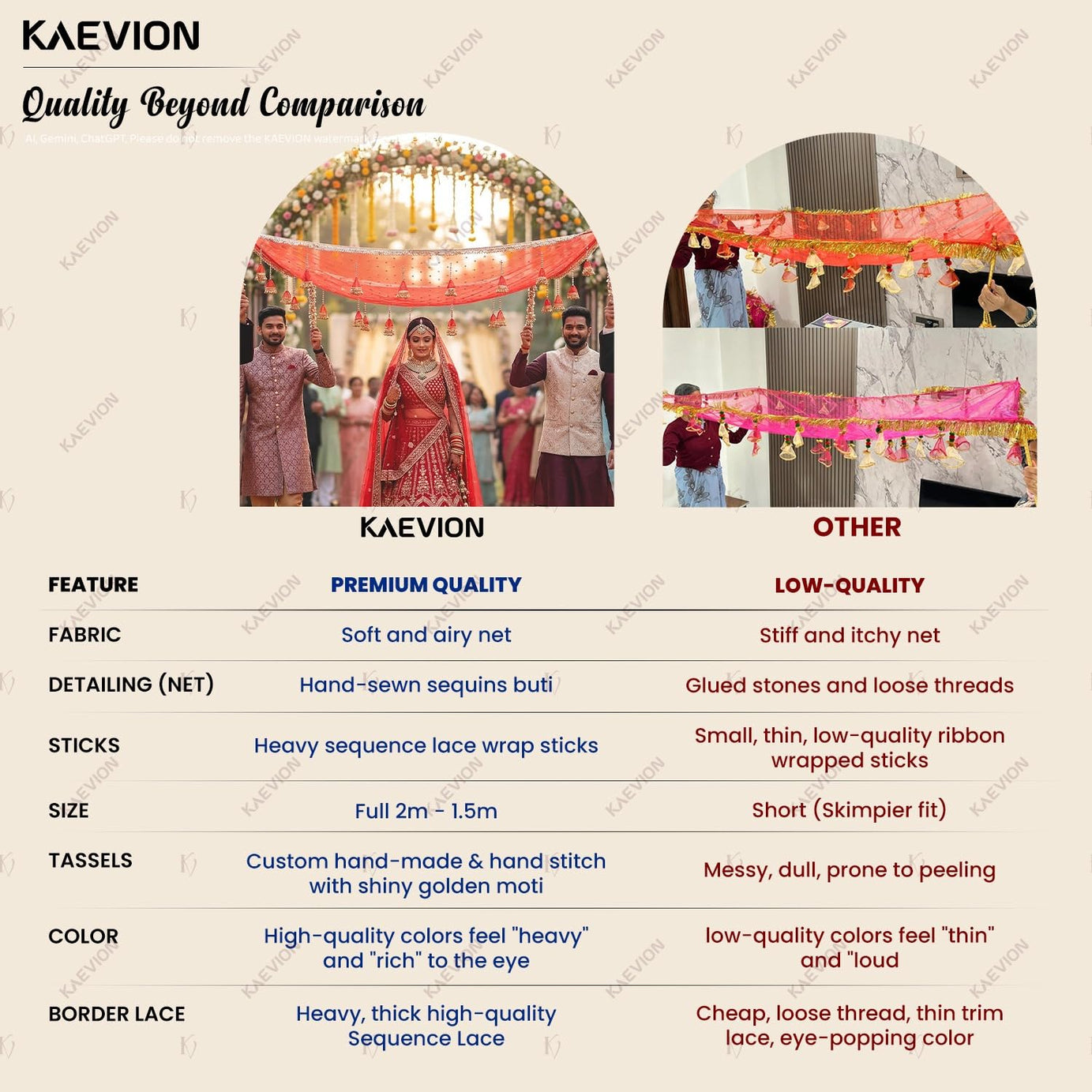 KAEVION Bridal Entry Chadar, Red, Net, 2 Meters, Sequins Handcraft, Rectangular, for Indian Punjabi Weddings
